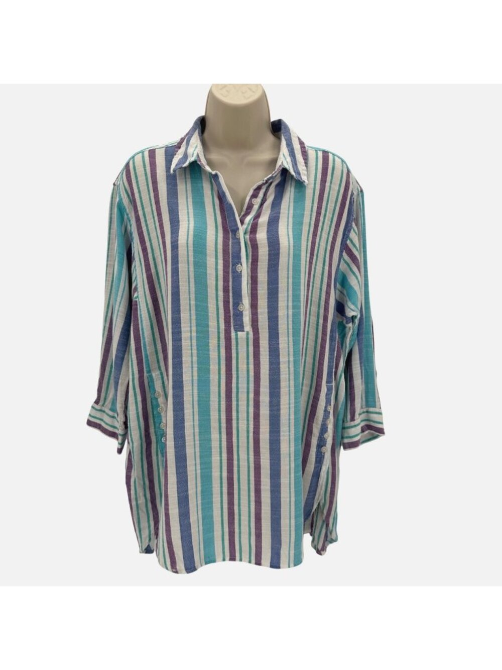 Intro Womens Striped Button-Up Tunic Top L Purple Blue Green Cotton Blend